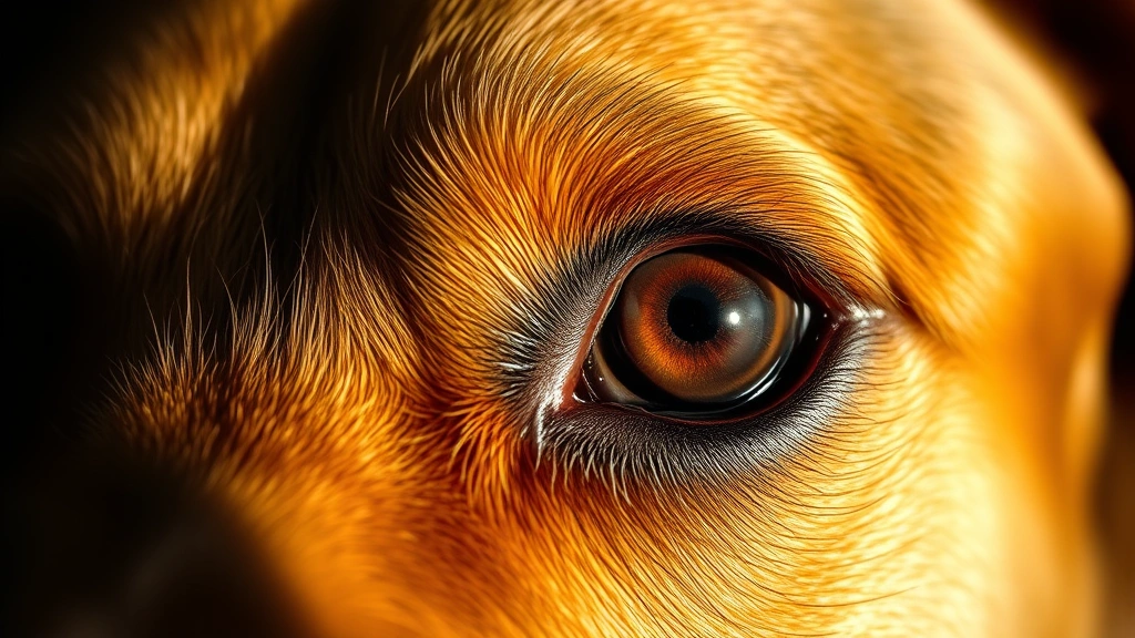 Close-up of a dog's eye showing anatomical detail with warm natural lighting, photorealistic style
