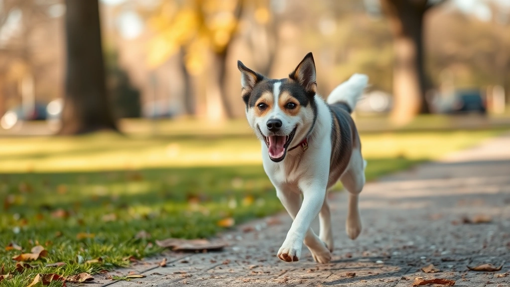 Happy dog running through a park with blurred background, focused on the dog's alert expression and movement