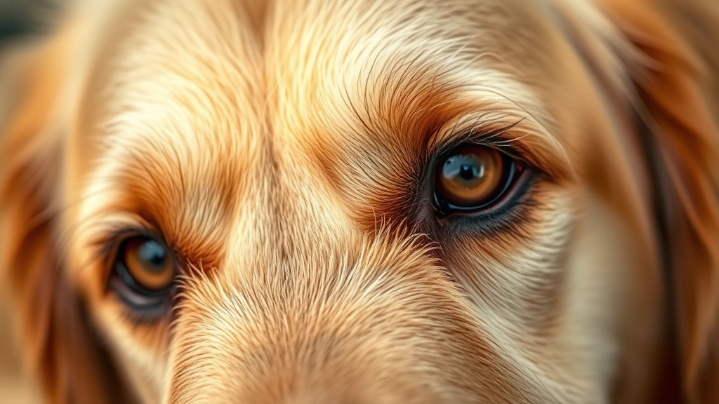 Close-up of a golden retriever's eye looking directly at camera, detailed iris and pupil visible, natural lighting, photorealistic