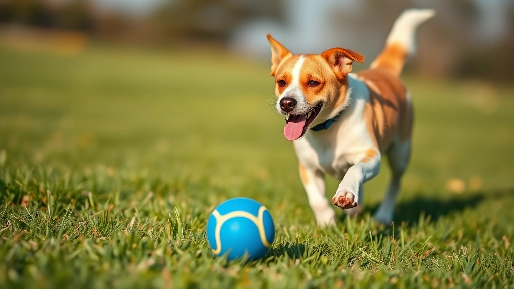 Playful dog running toward a blue and yellow tennis ball on green grass field, motion blur in background, bright daylight