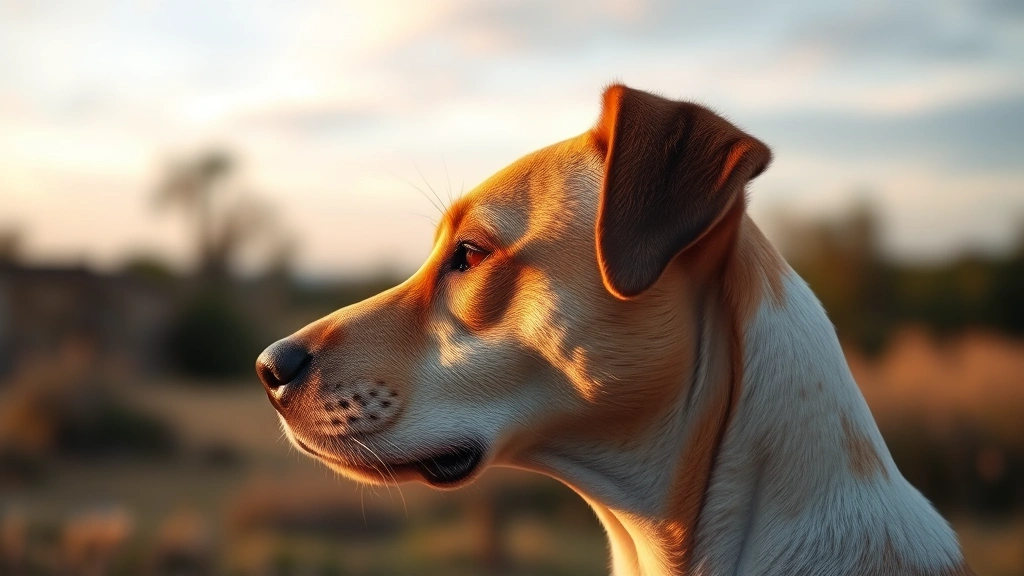 Side profile of a dog's head outdoors at dusk, showcasing wide peripheral vision, soft golden hour lighting, photorealistic detail