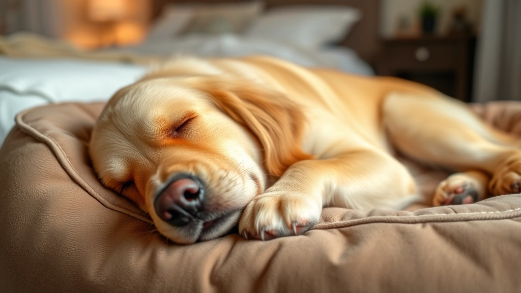 A golden retriever sleeping peacefully on its side on a comfortable dog bed, mouth slightly open, in a calm bedroom setting with soft lighting