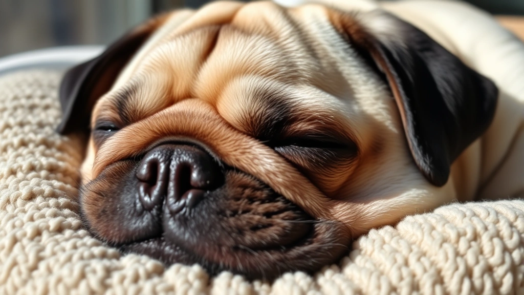 A close-up of a pug's face while sleeping, showing the characteristic flat facial structure, resting on a plush pillow in natural daylight