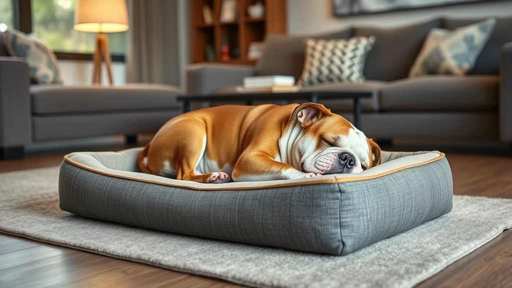 A bulldog peacefully sleeping in an orthopedic dog bed in a modern living room, demonstrating proper sleeping posture and comfort setup