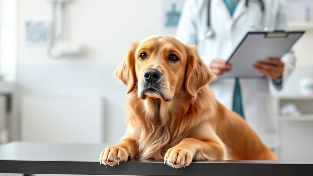Golden retriever sitting at a veterinary clinic table with a concerned expression, vet in white coat holding clipboard in background, professional medical setting