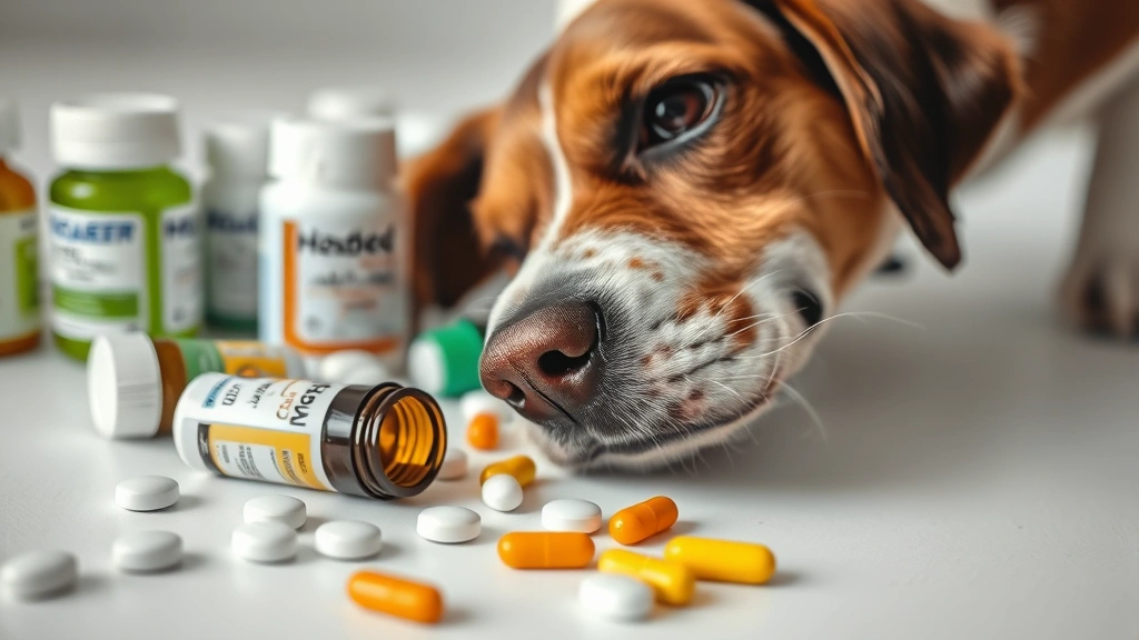 Close-up of various medication bottles and pills scattered on a white surface with a curious brown and white dog's nose approaching from the side