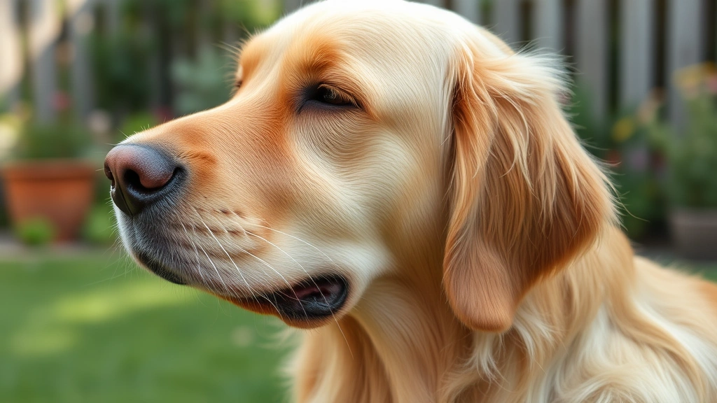 Golden Retriever scratching behind ear with paw, outdoor garden setting, natural daylight, closeup of face showing discomfort and itching behavior