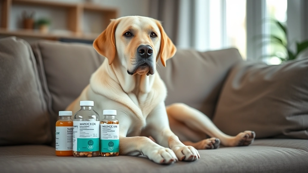 Yellow Labrador sitting calmly on couch next to medication bottle and glass of water, peaceful expression, living room background, soft natural lighting