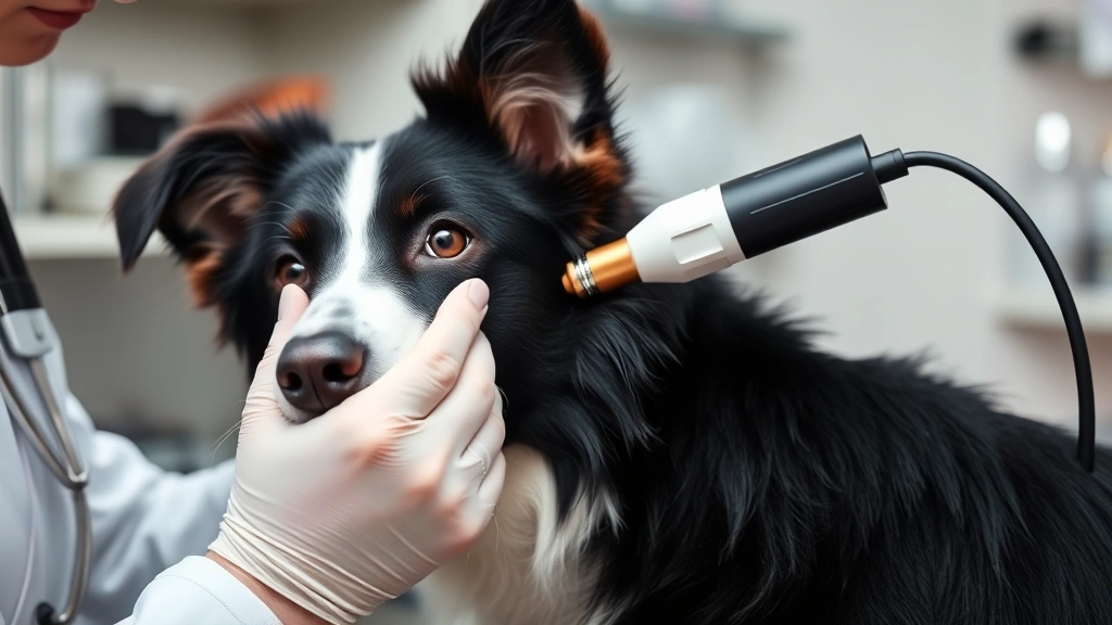Border Collie with vet examining inside of ear with otoscope, veterinary clinic setting, professional medical environment, focus on dog's head and vet's hands