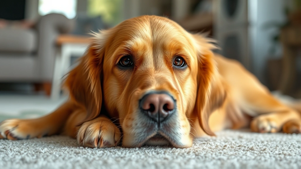 Golden retriever lying down with sad expression, looking at camera, indoor home setting with soft natural lighting