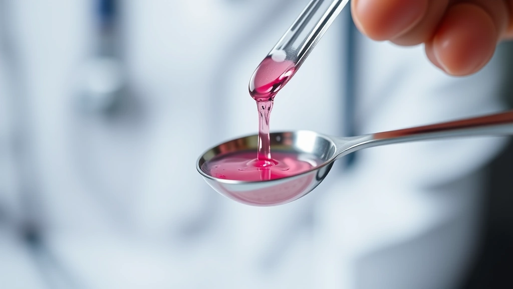 Close-up of pink liquid medication being poured into measuring spoon, blurred background, clinical setting