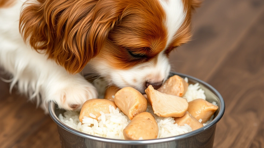 Fluffy brown and white spaniel eating from metal bowl containing plain white rice and boiled chicken pieces