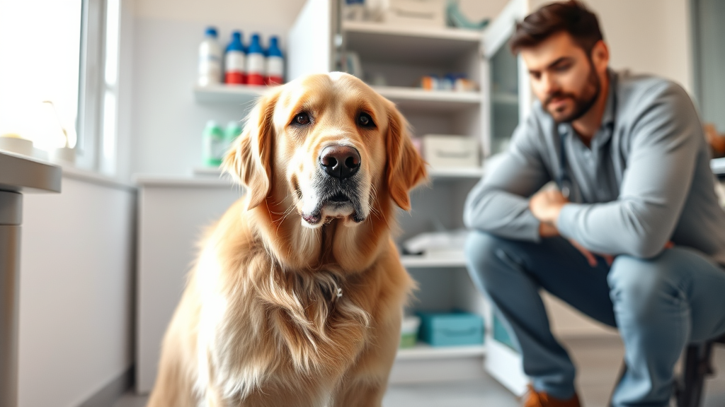 Golden retriever sitting next to medicine cabinet with concerned owner nearby, veterinary clinic setting, natural lighting, no text no words no letters