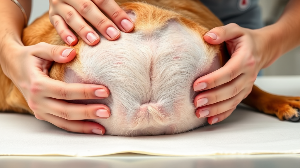 Close up of dog stomach area with gentle hands examining, veterinary examination table, professional medical setting, no text no words no letters