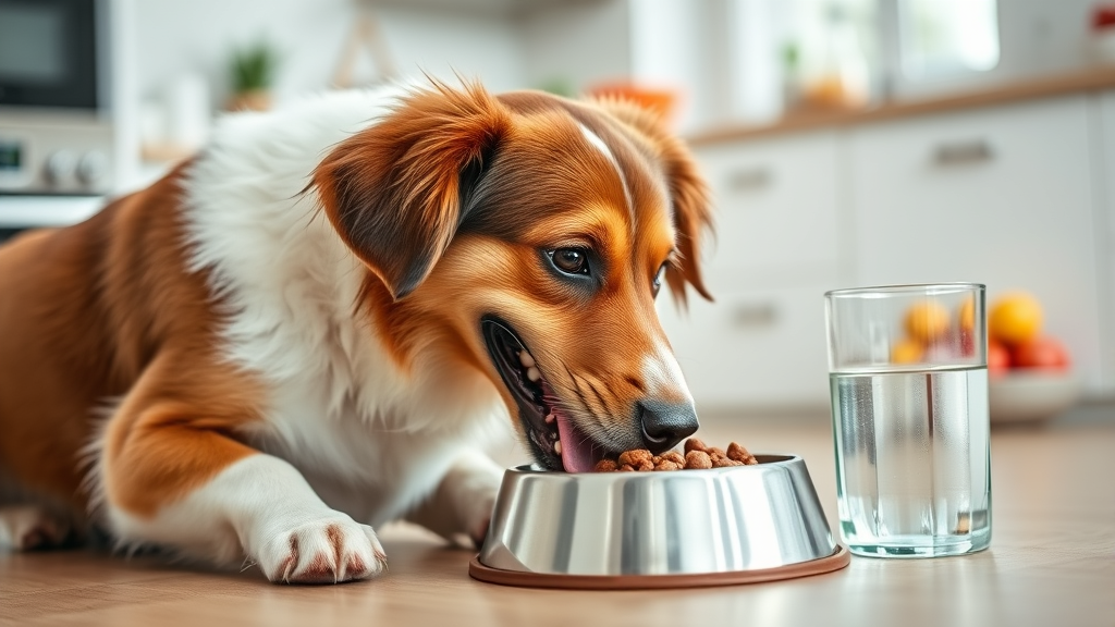 Happy healthy dog eating from food bowl with fresh water nearby, bright kitchen setting, wholesome nutrition focus, no text no words no letters