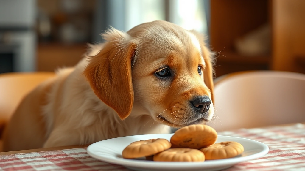 Golden retriever puppy with curious expression looking at a plate of cookies on a table, photorealistic style, warm natural lighting