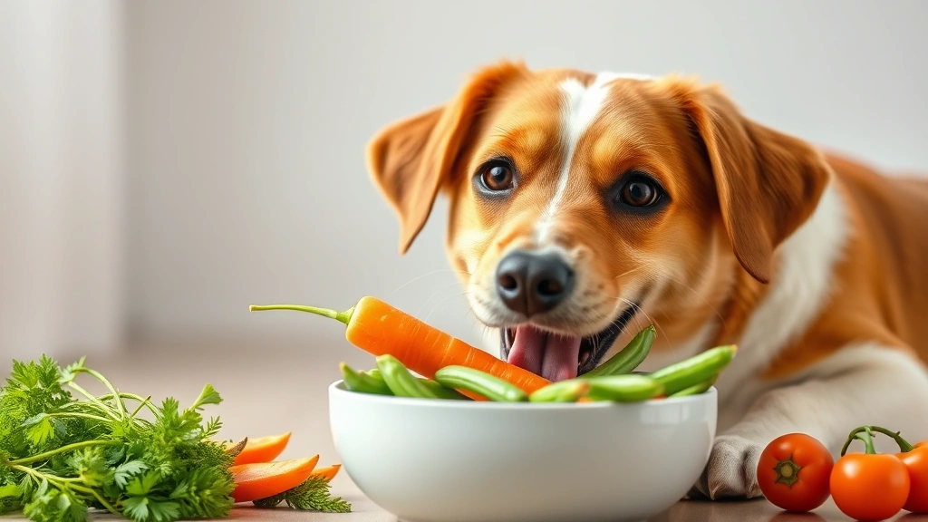 Happy healthy dog eating fresh carrots and green beans from a bowl, photorealistic natural lighting, vibrant vegetables