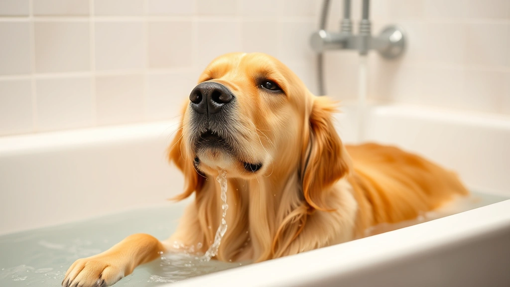 Golden retriever enjoying a warm bath with gentle water spray, relaxed and comfortable in bathtub, professional grooming setting with white tiles