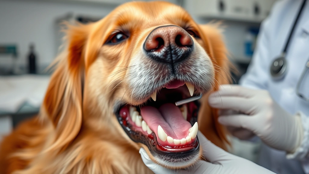 Golden retriever with mouth open showing clean white teeth, professional veterinary dental examination setting with soft lighting