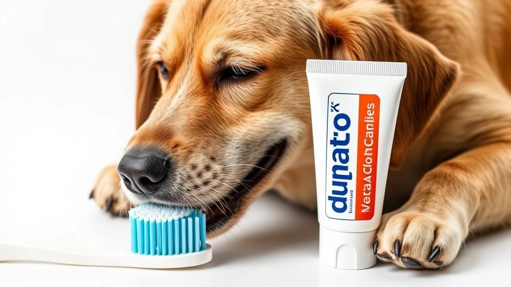 Dog toothbrush with dog-specific toothpaste tube next to human toothpaste tube, clear visual contrast and comparison on white surface