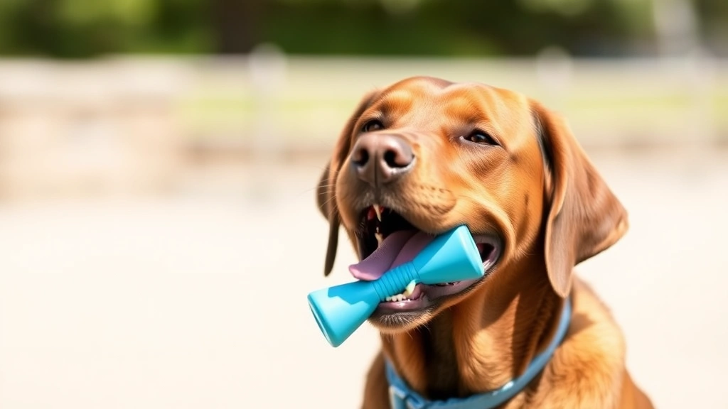 Happy labrador holding a dental chew toy in mouth outdoors, natural daylight, playing with safe dog dental care product