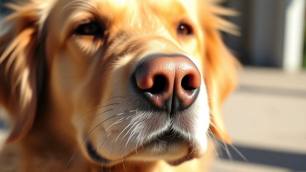 Close-up photograph of a golden retriever's face showing detailed facial whiskers in natural sunlight, focus on muzzle and cheek area