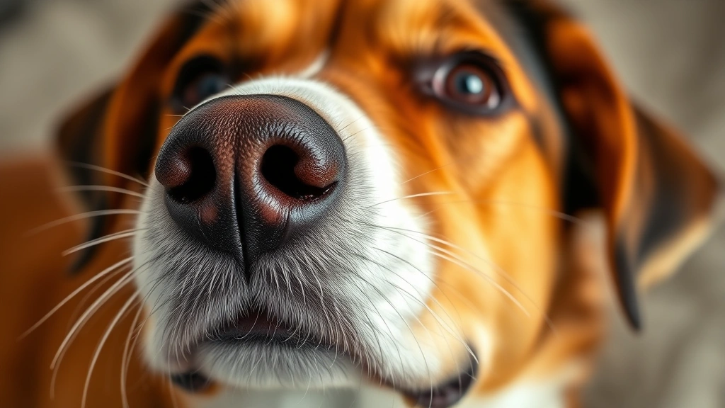Close-up of a dog's face showing prominent white and black whiskers against soft fur, photorealistic style, warm natural lighting