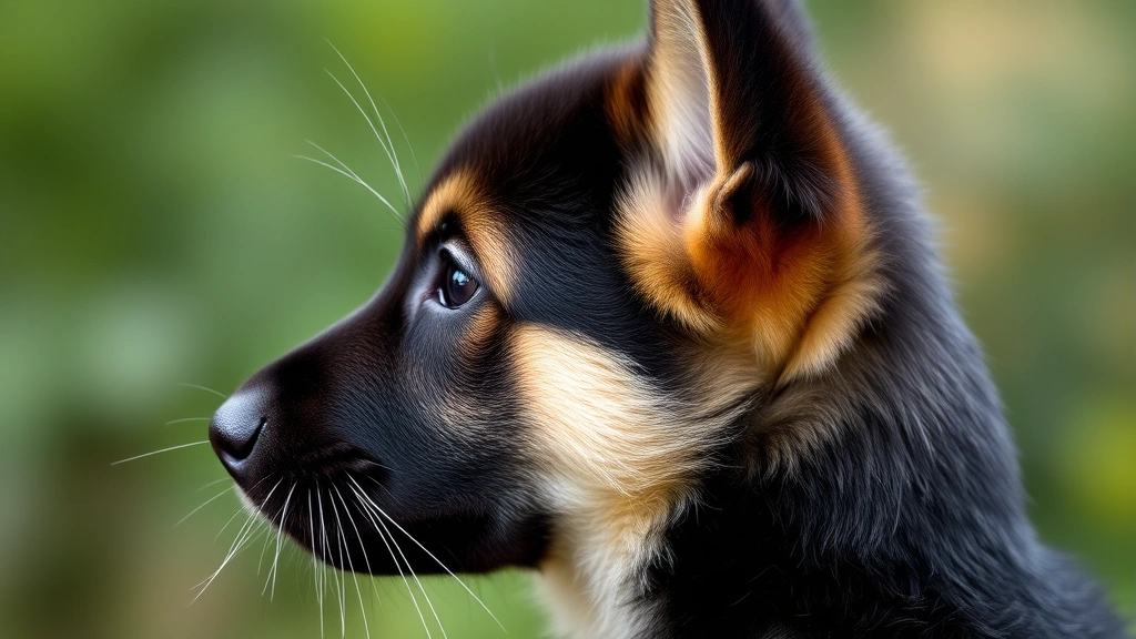 Side profile of a German shepherd puppy with prominent whiskers clearly visible, demonstrating whisker length relative to head size