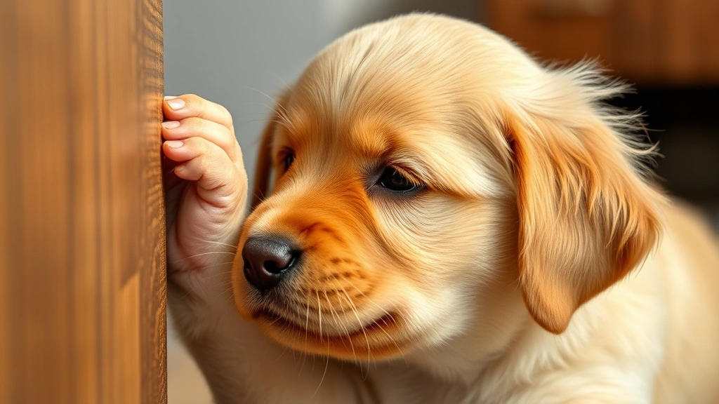 Golden retriever puppy with perfectly intact whiskers touching a wooden object, demonstrating spatial awareness and sensory function, photorealistic