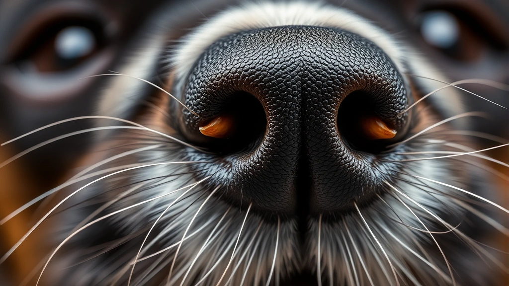 Macro photography of dog whiskers sprouting from facial follicles, showing texture and thickness compared to regular fur strands