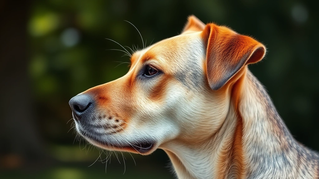 Senior dog's face in profile showing wisdom and calm expression with full set of whiskers visible, natural outdoor lighting, photorealistic