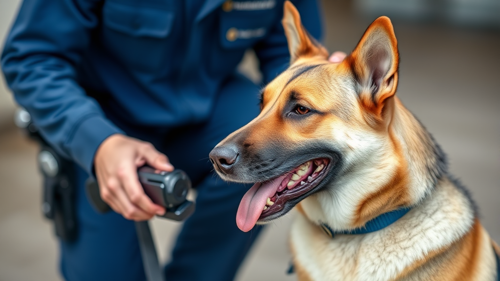 Professional drug detection dog working with handler during training session, no text no words no letters