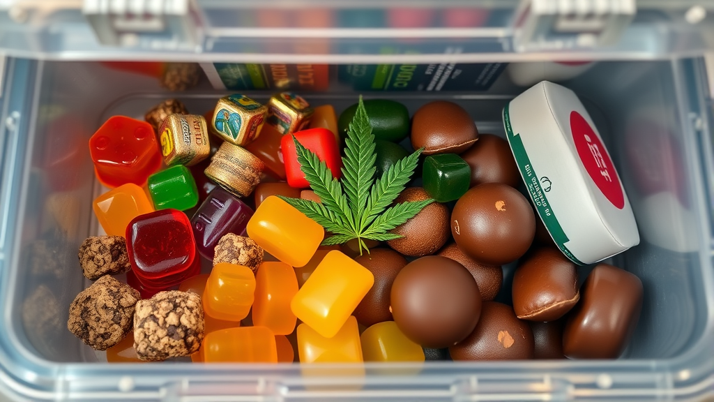 Various cannabis edible products including gummies and chocolates in secure storage container, no text no words no letters