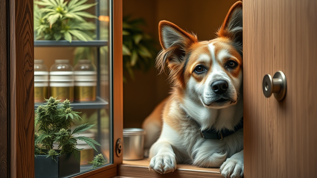 Concerned dog owner securing cannabis products in locked cabinet away from curious pet, no text no words no letters