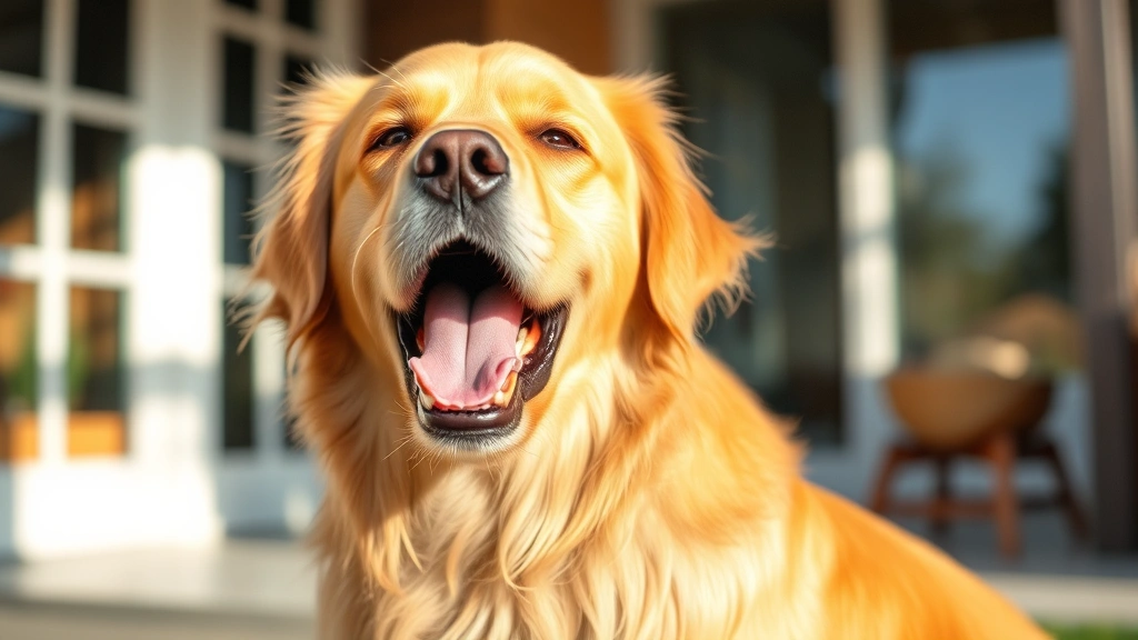 Golden Retriever with open mouth appearing to cough, side profile, natural home background, afternoon sunlight