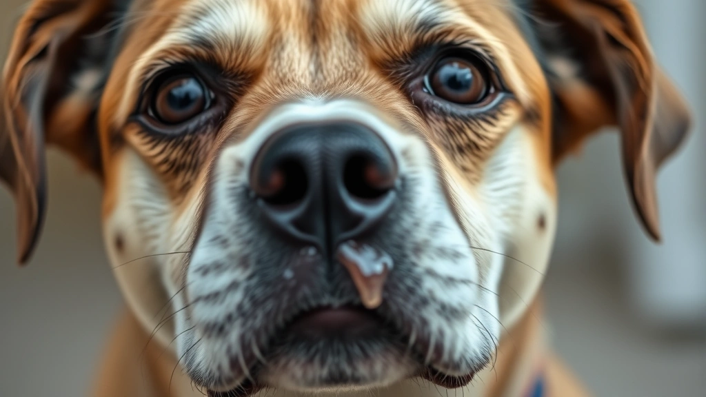 Close-up of dog's face with watery eyes and nasal discharge, looking uncomfortable, soft natural lighting, shallow depth of field