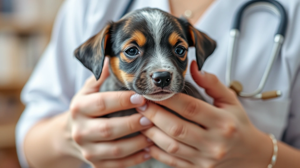 Adult hands gently holding small puppy's chest, examining respiratory area, warm indoor lighting, caring veterinary context
