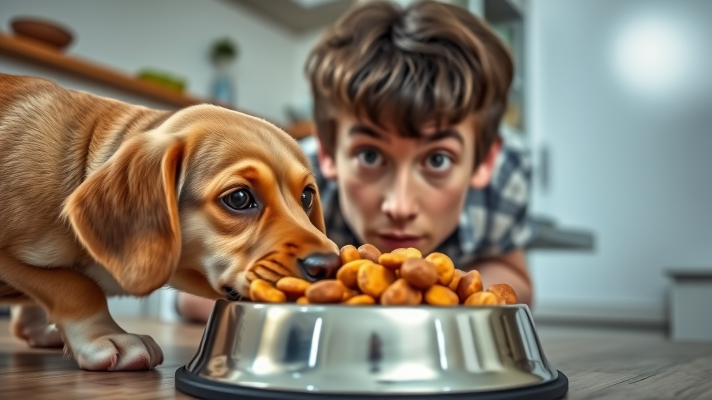 Person looking curiously at dog food bowl with kibble, kitchen setting, natural lighting, no text no words no letters