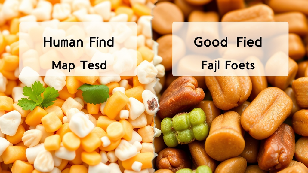 Close-up comparison of human food and dog food ingredients side by side, detailed view, no text no words no letters