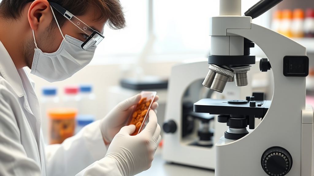 Laboratory scientist examining pet food samples under microscope, research setting, professional environment, no text no words no letters