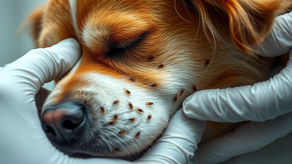 Close up of dog scratching with visible fleas on fur, veterinary examination, no text no words no letters