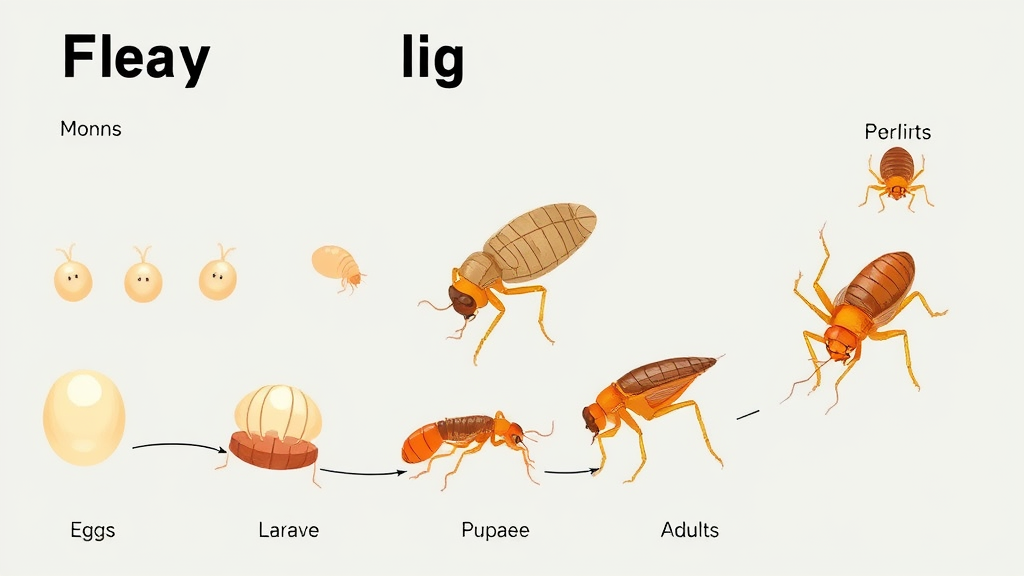 Flea lifecycle diagram showing eggs larvae pupae and adults in home environment, no text no words no letters