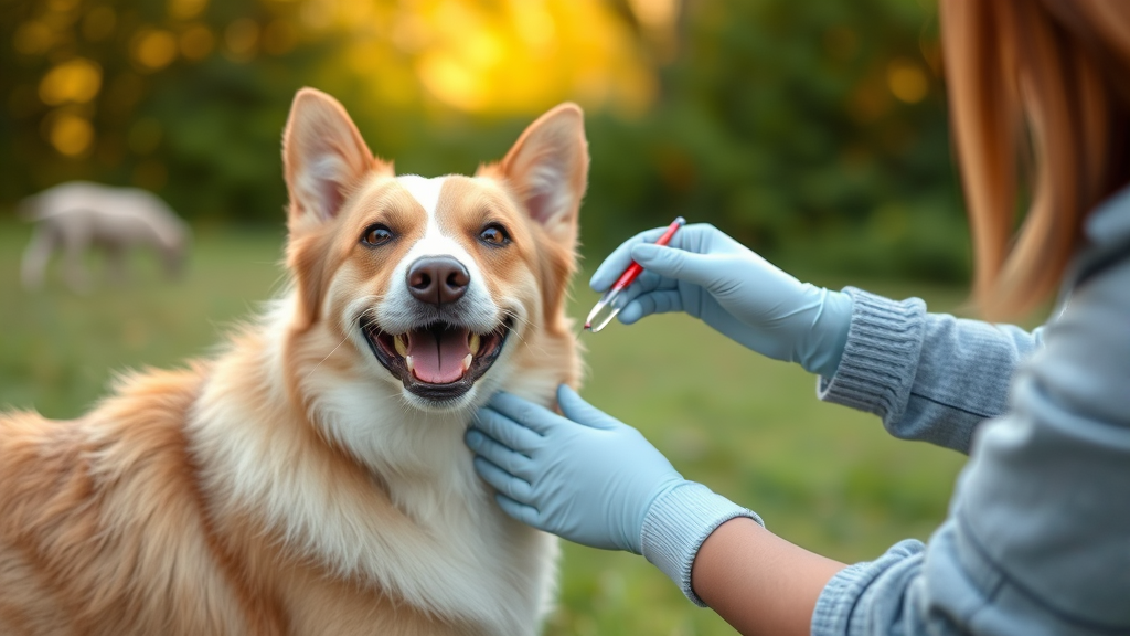 Person applying flea prevention treatment to happy healthy dog outdoors, no text no words no letters