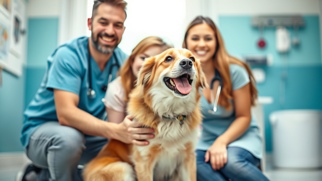 Happy family with healthy dog in clean home environment, veterinary care setting, no text no words no letters