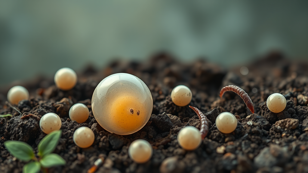 Microscopic view of parasitic worm eggs and larvae in soil environment, scientific illustration style, no text no words no letters