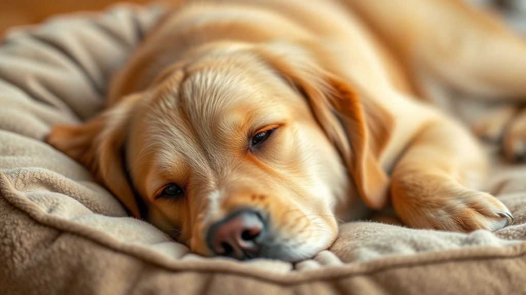 Golden Retriever lying on comfortable dog bed, looking relaxed and peaceful, soft natural lighting, close-up of dog's face and upper body