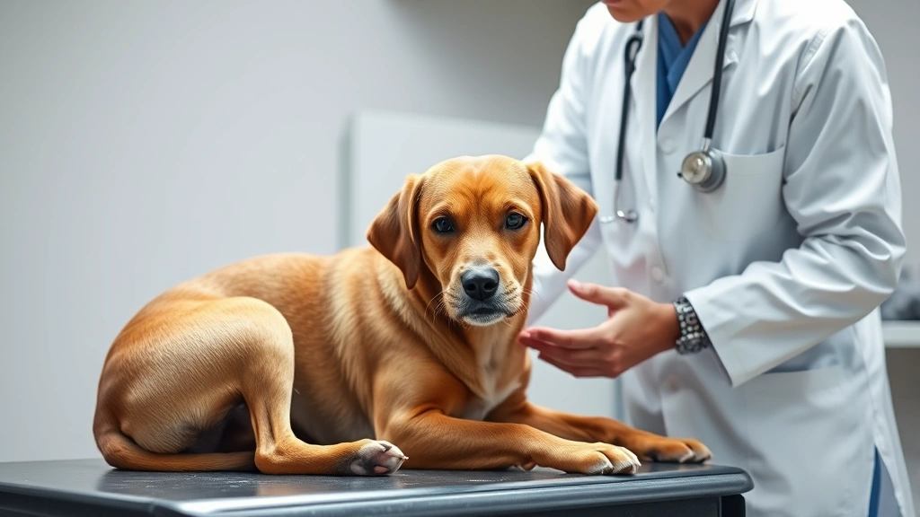 Veterinarian in white coat examining medium-sized brown dog on examination table, stethoscope visible, professional clinic setting with soft lighting