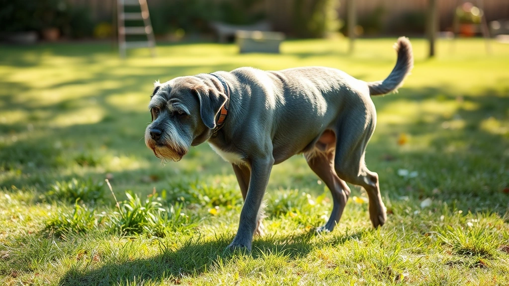 Senior gray-muzzled dog walking slowly through grassy yard on sunny day, showing signs of stiffness or careful movement, natural outdoor lighting