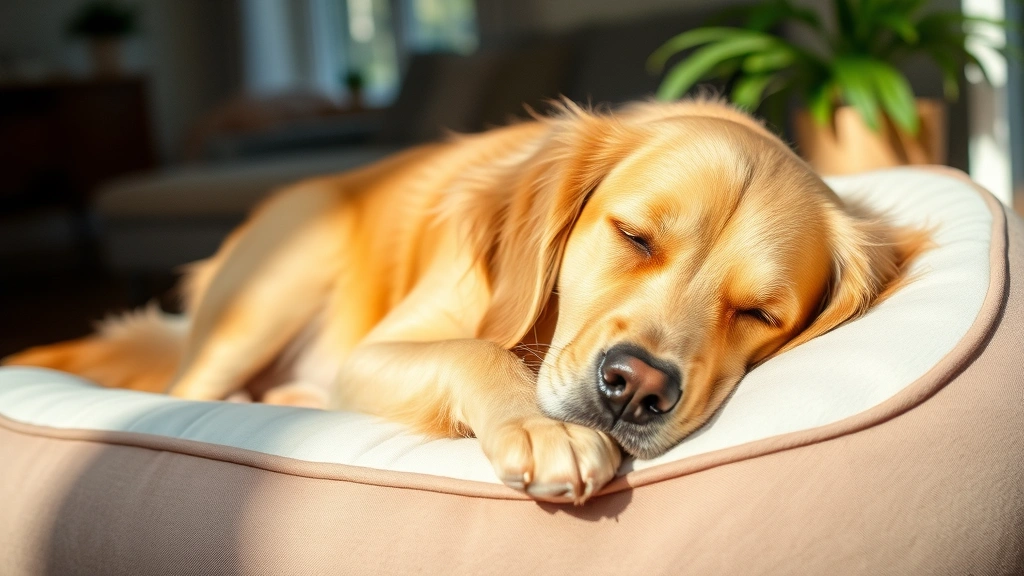 Golden Retriever lying comfortably on a soft bed with a peaceful expression, indoor home setting with natural sunlight