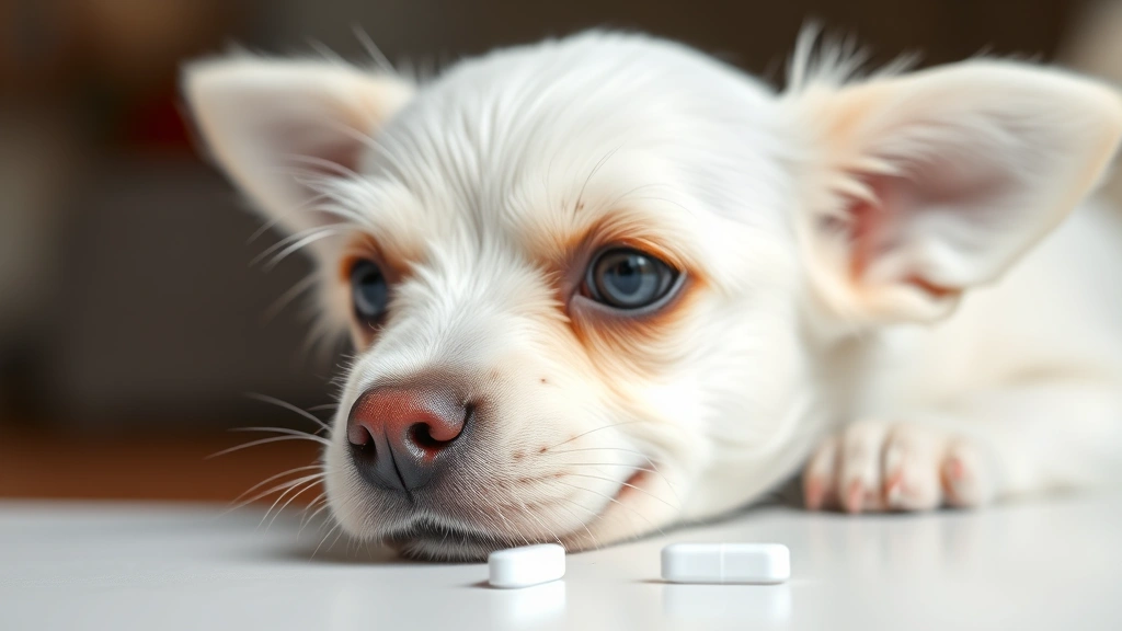 Close-up of a small white dog's face looking at a single baby aspirin tablet on a white surface, concerned expression
